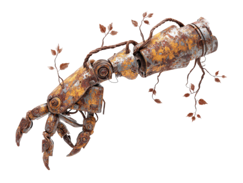 A weathered rusty robotic arm with articulated claw-like fingers entwined with a metallic vine.