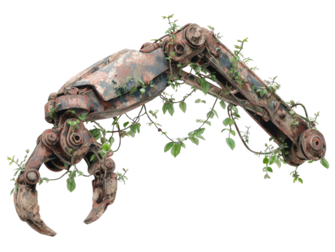 Abandoned rusty industrial robot arm with a claw entwined with green climbing vines.
