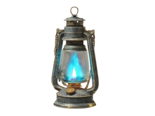 Antique weathered metal hurricane lantern with a mystical glowing blue flame.
