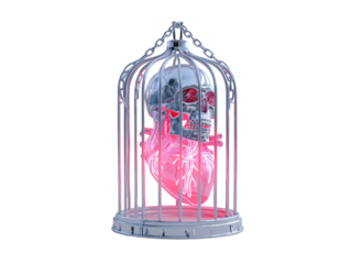 A chrome birdcage imprisoning a metallic skull atop a glowing pink translucent heart.