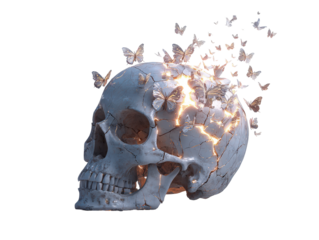 Weathered gray skull exploding with golden light releasing a flight of stylized butterflies.