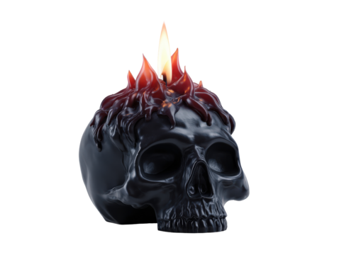 Lit black skull candle with a glossy finish and dripping molten red wax creating a fiery crown. - Powered by Adobe