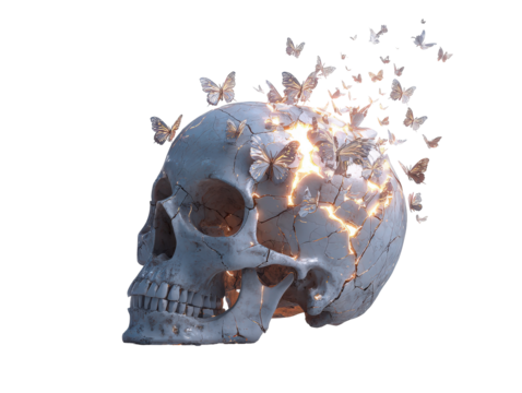 Weathered gray skull exploding with golden light releasing a flight of stylized butterflies.