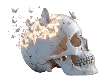 A cracked weathered human skull glowing from within releasing a swarm of delicate blue and gold butterflies.