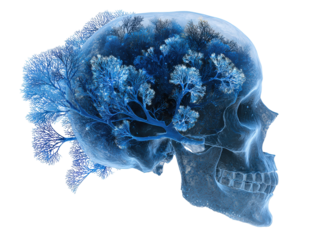 Icy blue translucent human skull with a network of branching tree-like neural pathways.