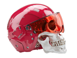 A detailed human skull wearing a glossy red futuristic helmet with a translucent visor.