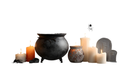 Halloween cauldron with burning candles and spooky tombstone decorations, perfect for Halloween parties and haunted house decor