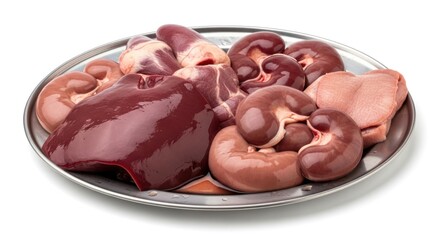 Assortment of fresh raw organ meats, including a large liver and numerous kidneys, neatly arranged on a silver platter against a pure white background for culinary use.