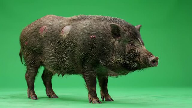 Wild Boar Pig Standing on Green Screen Background for Compositing