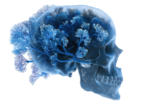 Icy blue translucent human skull with a network of branching tree-like neural pathways.