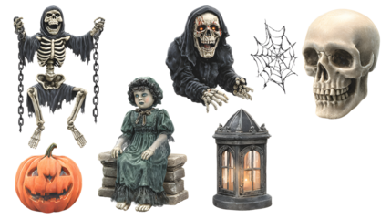 Halloween decorations including skeleton, pumpkin, creepy doll, grim reaper, lantern, and skull perfect for spooky party themes