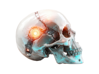 Glossy white and metallic cyborg skull in profile with intricate machinery and a glowing orange power core.