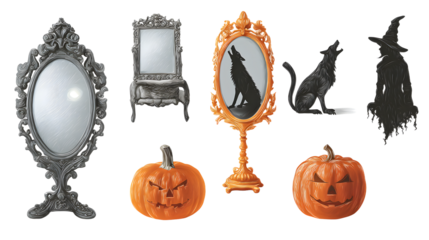 Halloween decorations with vintage framed mirrors, carved jack-o'-lantern pumpkins, howling wolf silhouette, black cat, and witch silhouette, perfect for spooky seasonal decor