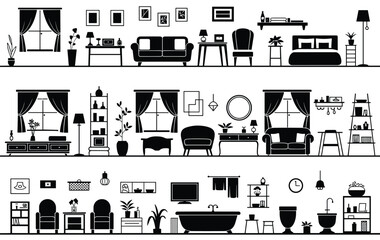 Black and white silhouette collection of interior furniture and decor items home illustration