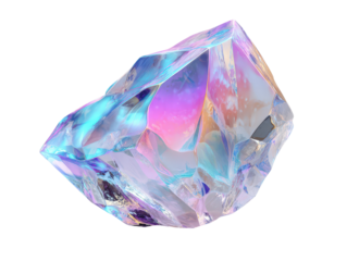 A single raw iridescent crystal with a shimmering holographic surface and sharp geometric facets.