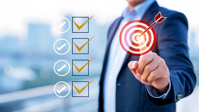 Businessman achieving goals with a direct hit on target, success, and strategic planning concept