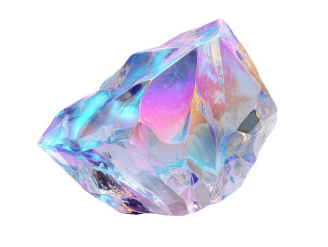 A single raw iridescent crystal with a shimmering holographic surface and sharp geometric facets.