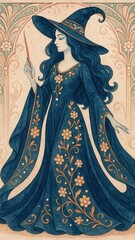 Fototapeta premium Elegant witch in floral gown.