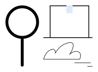 Magnifying glass for search, cloud for storage, document for data sharing. Ideal for research, analytics, cloud computing, document management, information systems, marketing simple landing page © robu_s