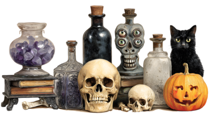 Halloween still life with skulls, black cat, jack-o'-lantern, potion bottles, and old books, perfect for spooky decorations and Halloween themes