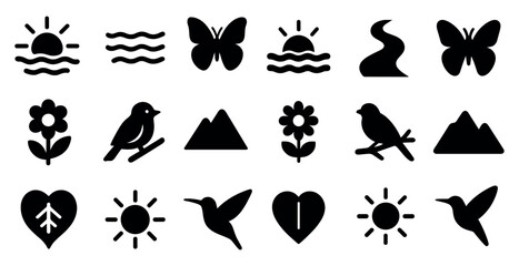 Fototapeta premium Nature and wildlife solid icons set – silhouette, filled, floral and animal symbols