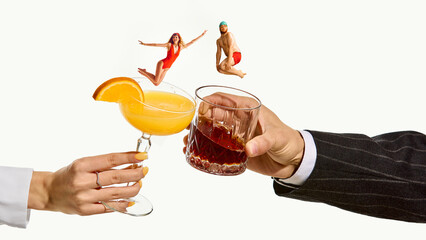 Creative digital artwork. Divers jumping into cocktail and whiskey glasses. Concept of beverage...