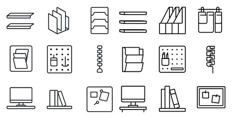 Office organization outline icons set – linear, workspace, filing, desk essentials