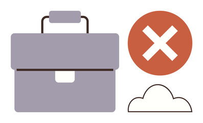 Gray briefcase next to red cross and cloud icon. Ideal for career, rejection, prohibition, restrictions, limitation, digital storage access, warning. Modern simple flat metaphor