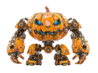 Intricate orange jack-o-lantern robot with glowing blue eyes and powerful mechanical limbs.
