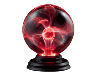 Glowing red plasma ball lamp with electric energy filaments inside a clear glass sphere.