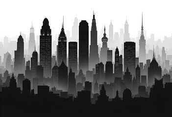 Fototapeta premium Silhouette of modern city skyline with tall skyscrapers in black and white gradient design.