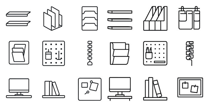 Office organization outline icons set – linear, workspace, filing, desk essentials