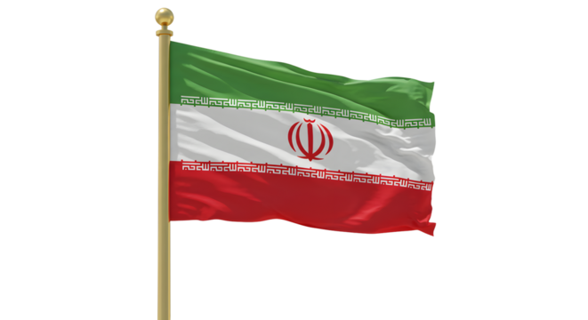 Iranian flag waving on a flagpole with green, white, and red stripes and national emblem in the center, perfect for cultural or political themes