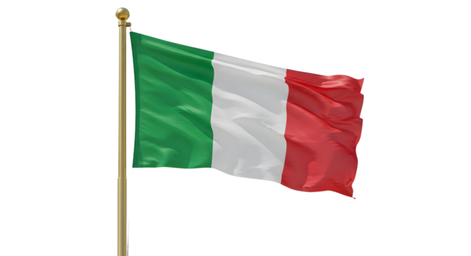 Italian national flag waving on a flagpole, Italy country symbol isolated on white background, perfect for cultural and travel projects