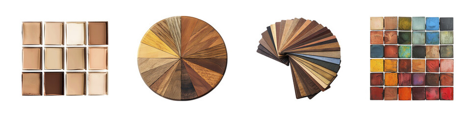 A composition of color palettes including makeup, wood samples, paint swatches