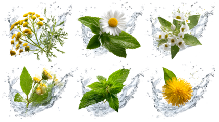 Medicinal herbs in water splash with white background, natural herbal plants for health and wellness concept
