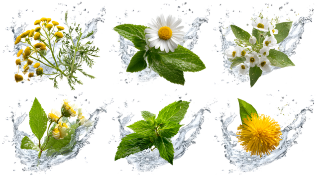 Medicinal herbs in water splash with white background, natural herbal plants for health and wellness concept