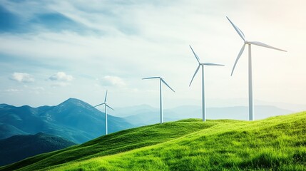 A serene landscape features multiple wind turbines on green hills, set against a backdrop of mountains and a bright sky, This image is ideal for topics related to renewable energy, sustainability