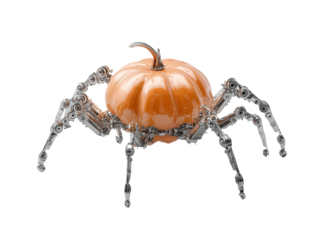 Futuristic robotic spider with a glossy orange pumpkin body and intricate chrome mechanical legs.