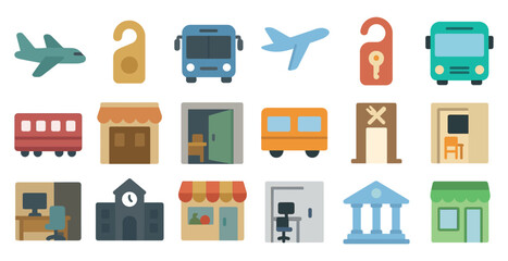 Travel and tourism flat icons set – vacation, trip, holiday symbols