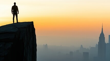 Fototapeta premium A lone figure stands on the edge of a cliff, overlooking a hazy city skyline at sunset, This image conveys themes of adventure, solitude, and contemplation