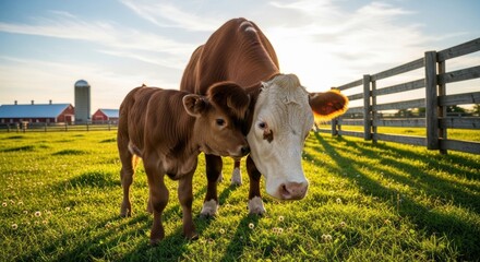 A heartwarming scene of a mother cow and her young calf standing together in a vibrant green pasture on a sunny rural farm.