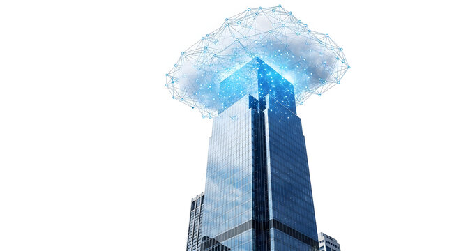 Striking modern skyscraper integrated with a dynamic cloud network, symbolizing advanced digital transformation, secure data storage, and global connectivity for future-proof business solutions