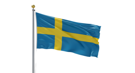 Swedish flag waving on flagpole against white background, Sweden national emblem, perfect for cultural and patriotic themes