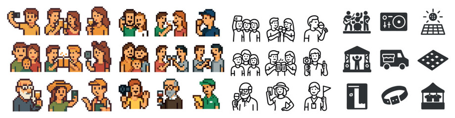 People and relationships icons set – pixel art, outline, social and community symbols