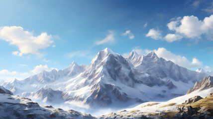 Majestic snow-capped mountain range under a clear blue sky with fluffy white clouds