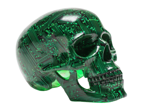A glossy black and green technological skull featuring a detailed printed circuit board pattern. - Powered by Adobe