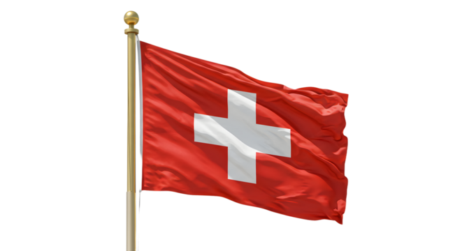 Swiss flag waving on flagpole isolated on white background, symbol of Switzerland and national identity