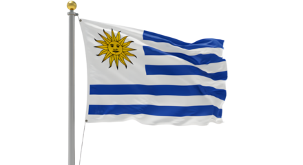 Uruguay national flag waving on flagpole against black background, patriotic symbol of South America, perfect for cultural and educational projects
