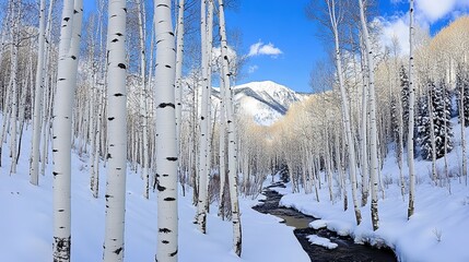A serene winter landscape featuring tall white aspen trees standing amidst fresh snow, with a winding stream flowing through, Ideal for nature-themed projects, winter promotions, or tranquil imagery,